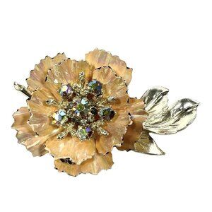 Signed Coro Gold Tone Peach Enamel & Aurora Borealis Rhinestones Brooch Vintage